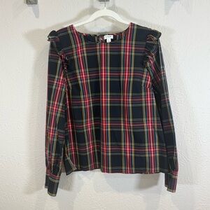 J Crew Factory Plaid Ruffle Shoulder Long Sleeve Top, Size L
